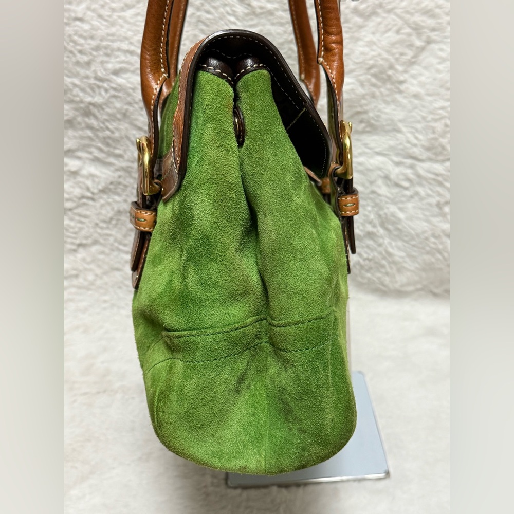Coach Hampton Flap Satchel- Green Suede Shoulder Bag with Brown Leather Straps - Picture 8 of 14